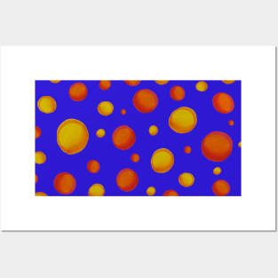 Yellow, Orange and Red Polka Dots (With Vibrant Blue Background) Posters and Art